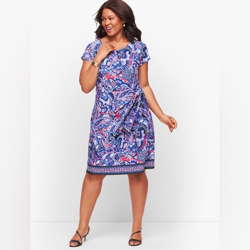 Talbots Boho Paisley Faux Wrap Shift Dress | Vibrant Pink & Blue Mod Jersey - M - Picture 3 of 8
